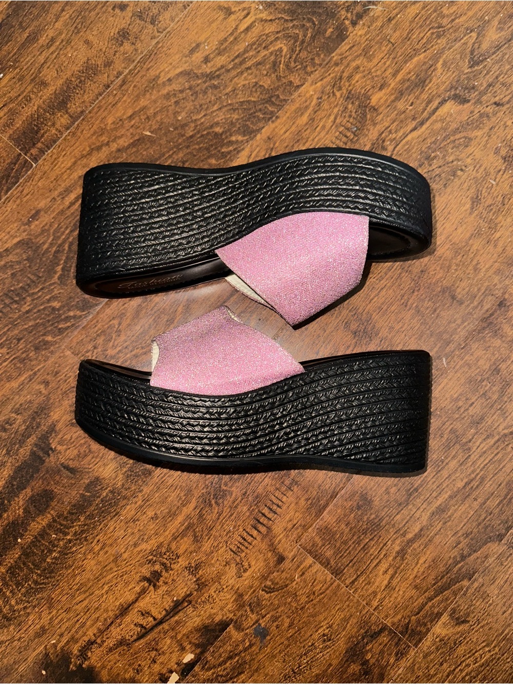 Women's Pink Glitter Platform Slide Sandals - Comfortable Black Sole